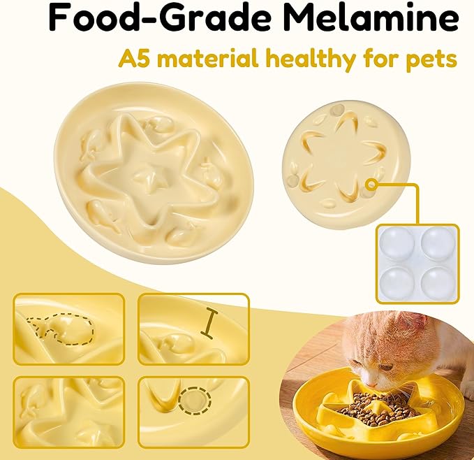 2 Pcs Cat Slow Feeder Bowl – Whisker Friendly Melamine Puzzle Feeding Cat Bowl for Slow Eating – Wet & Dry Food – Dishwasher Safe, Lightweight, Non-Slip (Buttercream + Shell White, 6.3'')