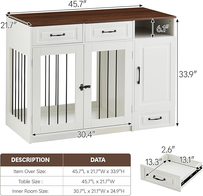 45.7" Dog Crate Furniture with Storage Drawers & Hidden Bowl, Wooden Indoor Dog Kennel Furniture with Food Storage Cabinet/Hooks, Dog Crate End Table TV Stand for Small/Medium/Large Dogs, White