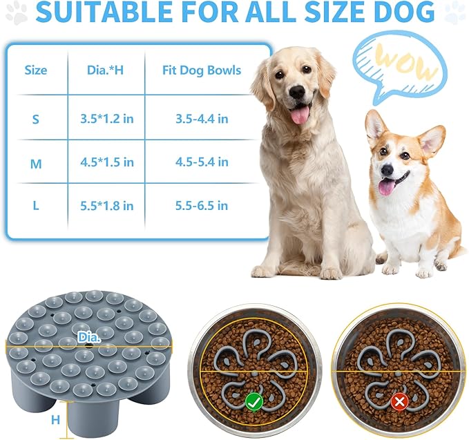 Slow Feeder Dog Bowls Insert, Bestalk Soft Silicone Slow Eating Dog Bowl Insert with Suction Cups for Small, Medium and Large Dogs(Grey S)
