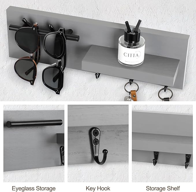 Key Holder for Wall, Decorative Entryway Shelf with Hooks Holds Keys, Dog Leash, Sunglasses – Key Hanger with 3 Hooks Organizes, Enhances Home Decor (15” x 4.5” x 2.6”) (Grey)
