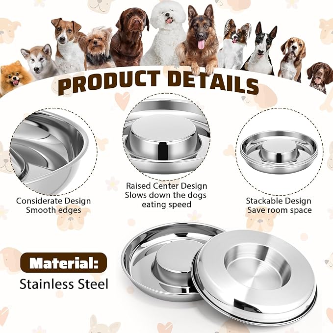 Zopeal 6 Pcs Stainless Steel Puppy Bowls 10.2'' Puppy Feeder Dog Water Food Feeding Bowl for Multiple Weaning Small Dogs Cats, Pet Eating at The Same Time, Flat Style