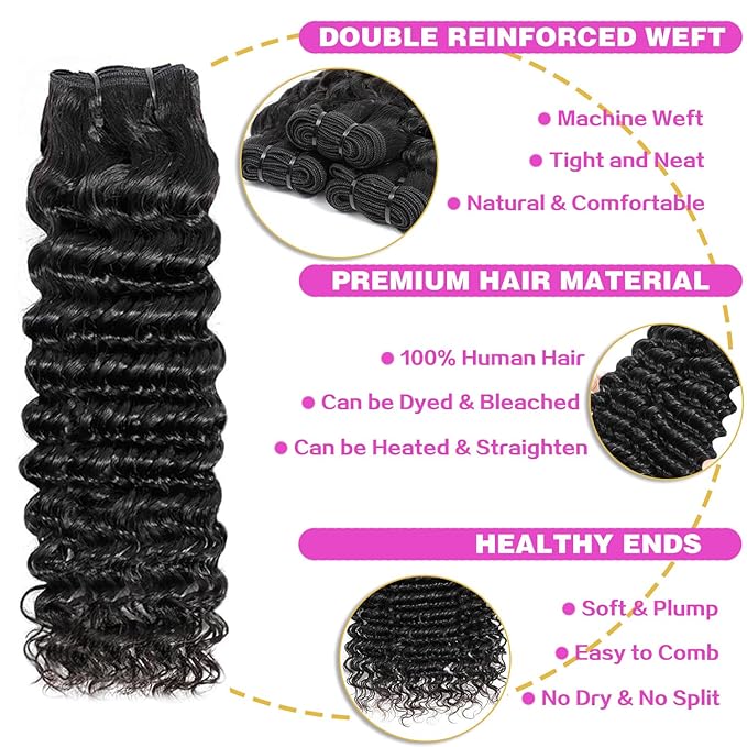 Deep Wave Human Hair Bundles Hair Bundles Wavy Deep Curly Human Hair Bundles Wet And Wavy Bundles Human Hair 1 Bundles Natural Black (Deep Wave, 14 Inch)