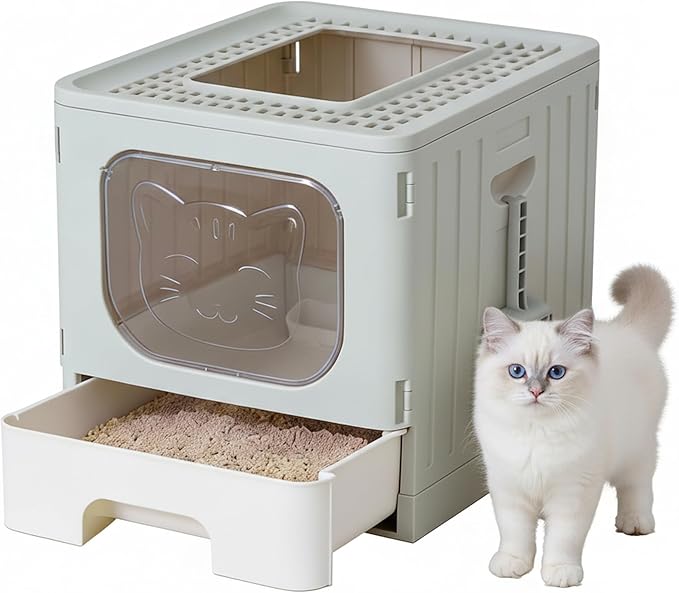 Cat Litter Box with Scoop, Large Foldable Litter Box with Lid & Drawer Tray, Front Visible Entry Top Exit Kitty Box, Odor Control, Easy to Clean