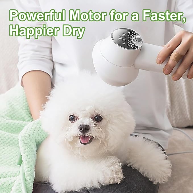 3-in-1 Dog Hair Dryer Brush - Adjustable Temp (35°C-60°C) & 4 Speeds, One-Touch Hair Collection for Safe Grooming of Small & Medium Dogs