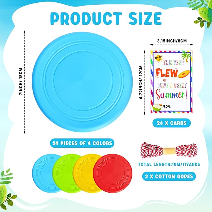 24 Sets Rubber Flying Disc Bulk 7 Inch with Ropes and Gift Cards End of Year Student Rewards Gift for Classroom Summer Kids Pets Toys Party Favors Back to School Gifts (4 Colors)