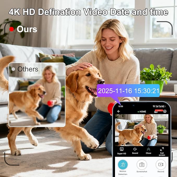 4K Security Cameras for Home, Indoor Wireless WiFi Camera with App Control Motion Detection & Real-Time Alerts, Rechargeable Pet/Baby/House/Office Camera with Night Vision