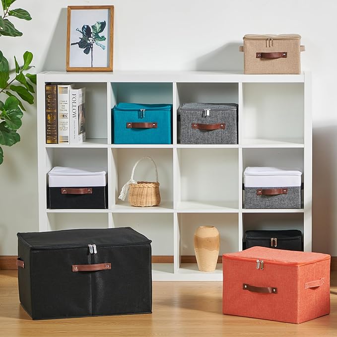 4 Pack Storage Bins with Zipper Lid Cotton Linen Fabric Lidded Storage Baskets Boxes Foldable Washable Closet Shelf Clothes Organizer Container with PU Leather Handles (Black, Large)