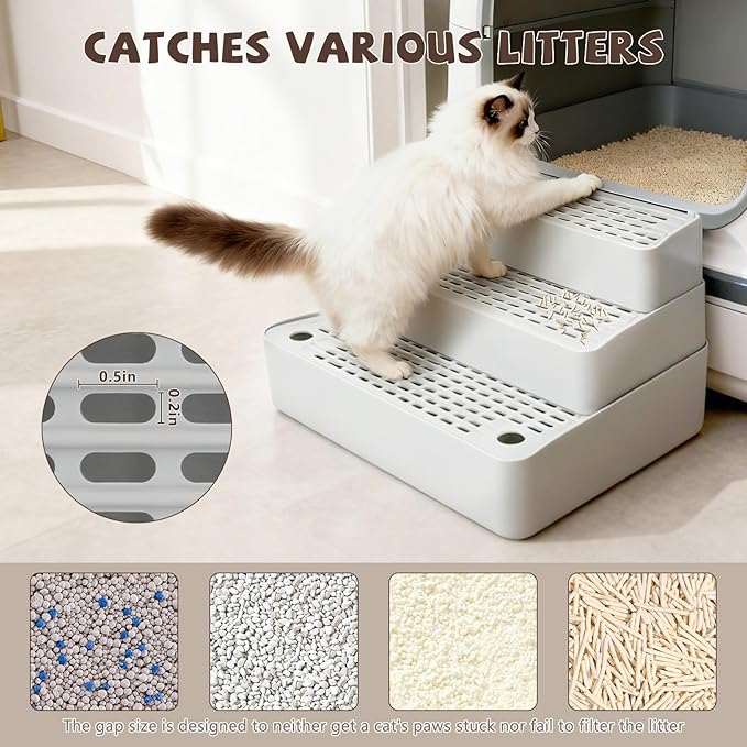Adjustable 3 Steps Cat Ramp for Litter Box, Detachable Cat Pedal Step Stool with Filter Function, Double Layered Cats Litter Trapper, Suitable for Small&Elderly Cats, Non-Slip(Grey)