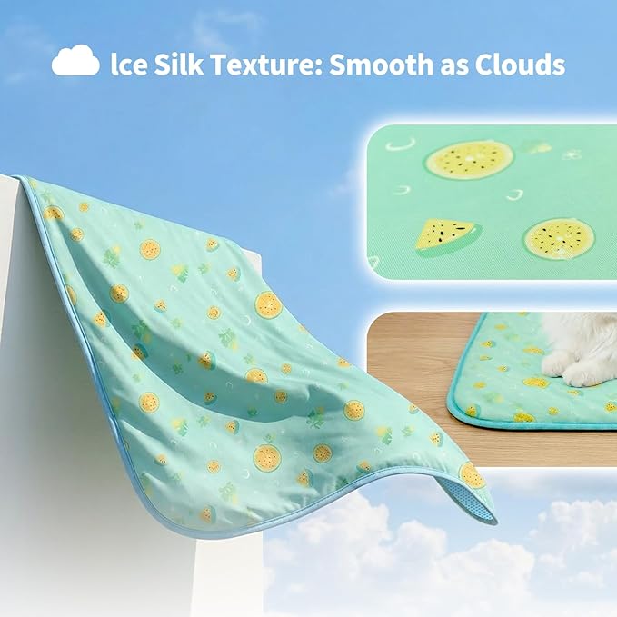 NWK Pet Cooling Mat -Q-Max>0.345 Ice Silk Cooling Mat for Dogs & Cats Portable & Washable Pet Cooling Blanket, Car Seats, Beds for Summer (Green Fruit, 20'' X 16'' X 0.3'')
