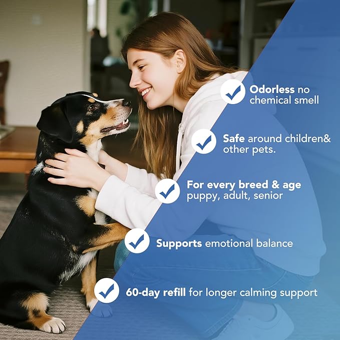 Adanced Dog Calming Diffuser, Calming Pheromones Diffuser Kit Appeasing Pheromone Diffuser to Calm (2Plug in+4Refill+Interactive GiftCard) for Anxiety Relief Reduce Aggression Fighting Barking Stress