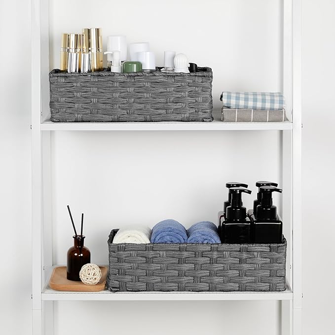 Bidtakay Narrow Wicker Bins for Organizing 2-Pack Dark Grey Decorative Baskets for Washroom Organizer Waterproof Imitation Small Wicker Storage Baskets for Shlef Closet Bedroom Entryway Office Desk