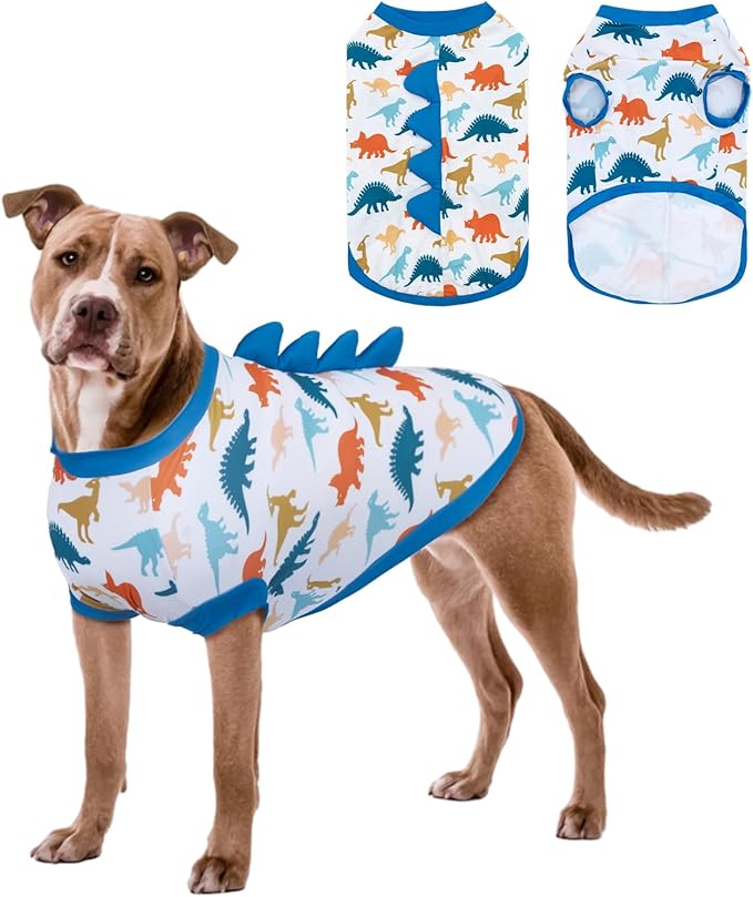 UPF 50+ Sun Protection Dog Shirt - Sleeveless Cooling Vest for Medium Dogs Boy, Quick-Dry Pet T-Shirt with Funny Dinosaur Horns, UV Protective Breathable Dog Clothes U-COSBX02M