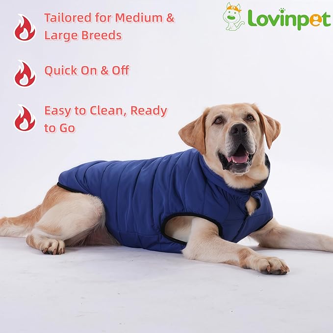 LovinPet Reversible Dog Puffer Coat for Medium & Large Dogs, Down‑Insulated Winter Jacket, Water‑Resistant & Wind‑Resistant, Anti‑Static, Dual-Sided Blue & Black for Cold Weather,2XL