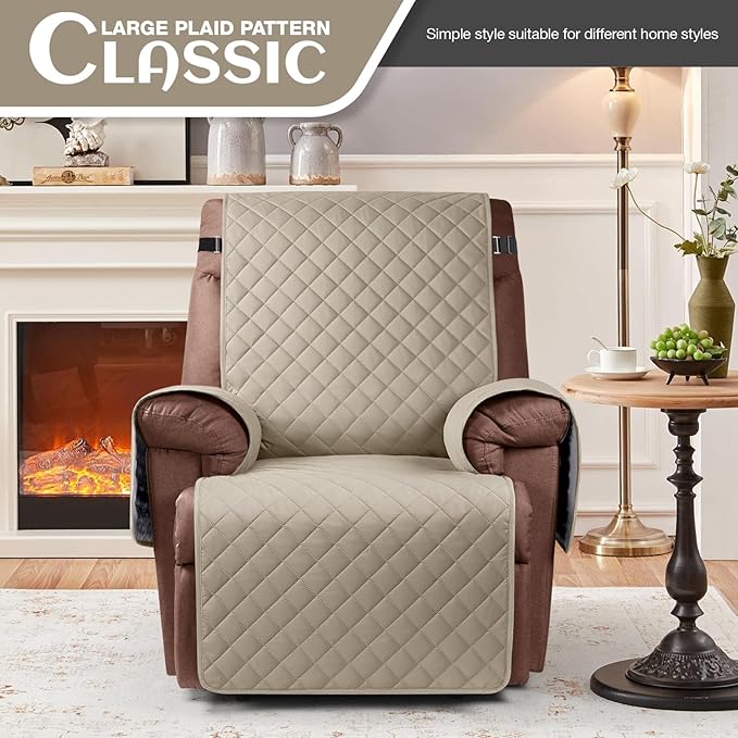KinCam 100% Waterproof Recliner Chair Cover, Reclining Couch Covers for Pets, Dogs, Recliner Couch Slipcover Furniture Protector with Elastic Straps for Kids(25", Khaki)