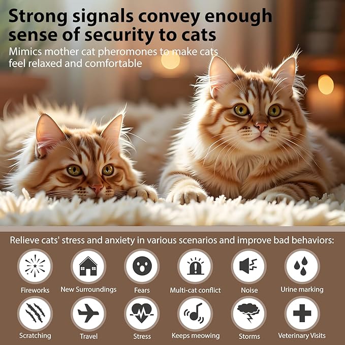 Cat Calming Diffuser Kit with Timer And Memory Adjustable 4/8/12/24H Cat Pheromone Diffuser 3-Pack (48ml Each) Helps Reduce Stress, Spraying, Fighting, Excessive Meowing & Scratching Fits All Cats