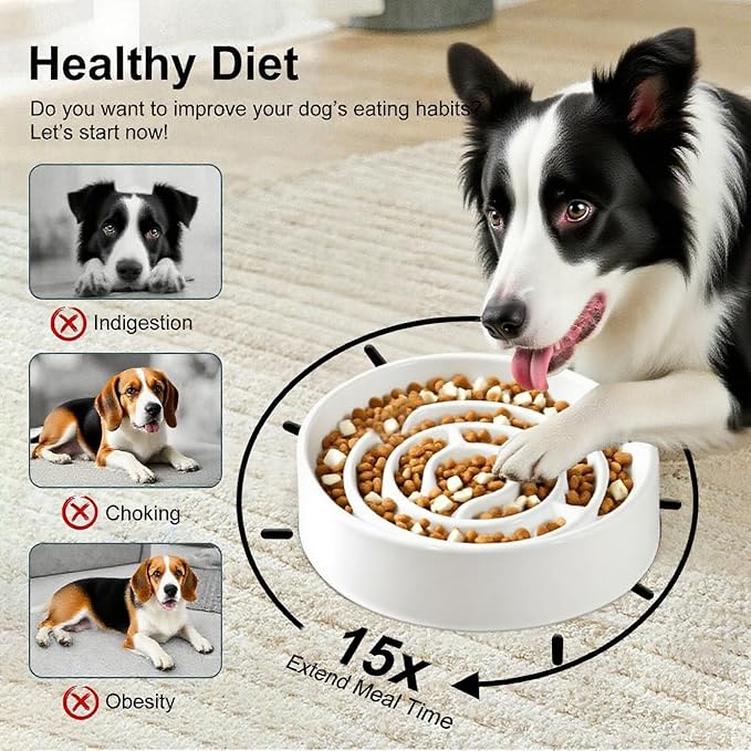 Ceramic Slow Feeder Dog Bowls with Anti-Slip, Slow Feeder & Non-Slip Design, Boredom and Anxiety Reducer, Suitable for All Breed Dogs and Cat (Ceramic-White)