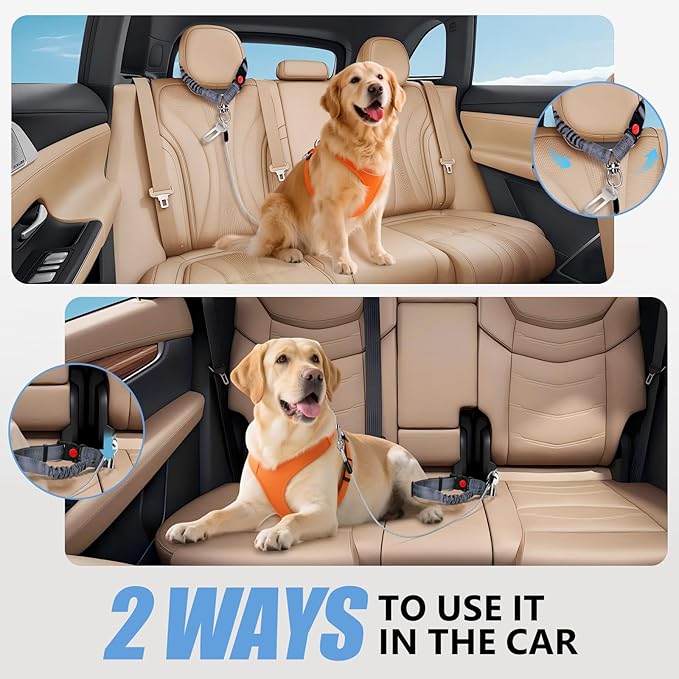 2 in 1 Chew Proof Dog Seat Belt for Car, Heavy Duty Steel Cable Car Harness & Headrest Restraint for Medium & Large Dogs Chewer