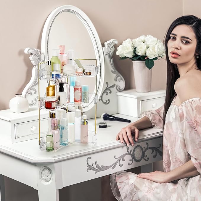 3 Tiers Corner Bathroom Counter Organizer, Clear Countertop Shelf Storage Rack, Cosmetic Perfume Tray Standing Holder with Gold Metal Pole, Skincare Sink Organizer for Vanity Kitchen