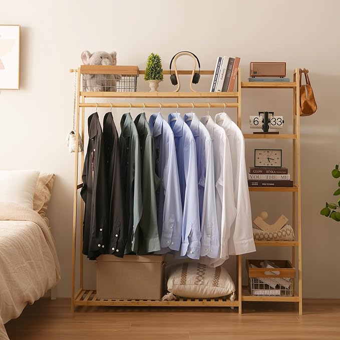 Bamboo Clothing Garment Rack 7 Tier Storage Shelf Coat Clothes Hanging Rack, Portable Wardrobe Closet Organizer With Top Shelf, Shoe Storage Shelves for Bedroom (Natural - 51.18 in)