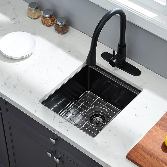 Undermount Kitchen Sink, 15 x 17 x 10 Inch Bar Sink 16 Gauge Gunmetal Black Stainless Steel Small Sink Kitchen Single Bowl Workstation Sink with Cutting Board