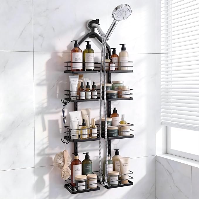 Adjustable Hanging Shower Caddy for Handheld Showerhead, 4-Tier Rustproof Shower Rack Baskets, Anti-Swing Hanging Shower Organizer for Bathroom Storage with 2 S-Hooks, Large Capacity, Black