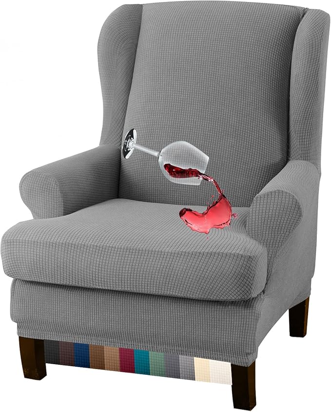 Granbest Premium Water Repellent Wingback Chair Cover 2-Piece High Stretch Jacquard Fabric Wing Back Chair Slipcovers (Wing Chair Cover, Light Gray)