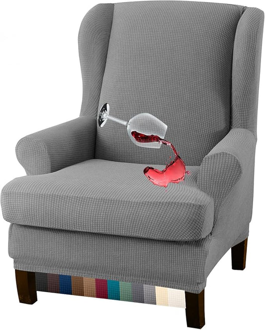 Granbest Premium Water Repellent Wingback Chair Cover 2-Piece High Stretch Jacquard Fabric Wing Back Chair Slipcovers (Wing Chair Cover, Light Gray)