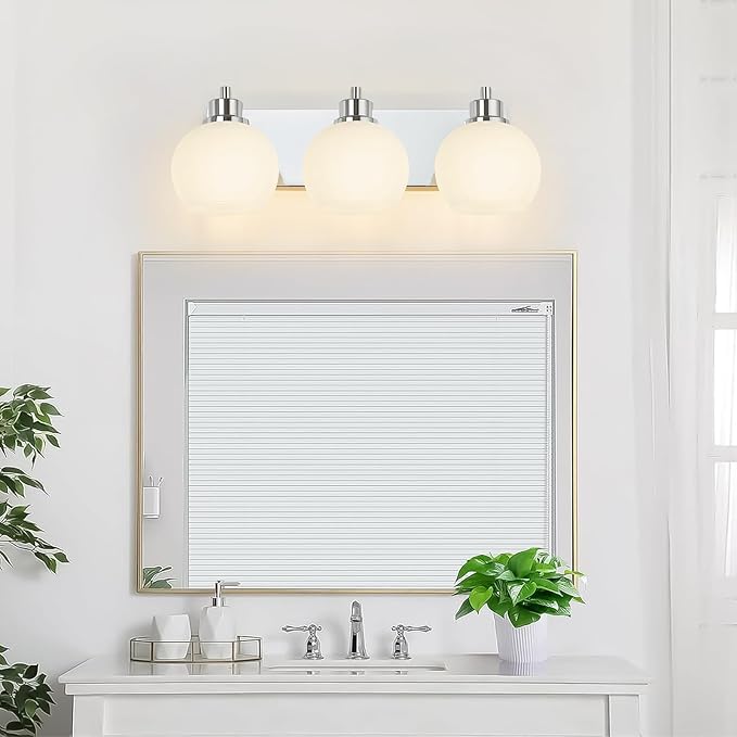 Tuscarora Chrome Vanity Light - 3 Light Bathroom Vanity Light with Milk Glass Shade, Over Mirror Lighting Fixture