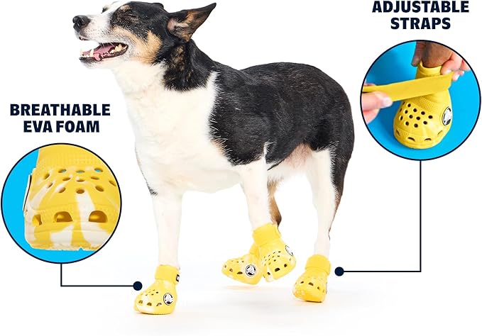 BarkBox Yellow Crocs Dog Shoes – Set of 4 Glow-in-The-Dark Dog Booties with EVA Foam, Adjustable Strap & Non-Slip Sole – Comfortable Paw Protection for Medium Breeds (26-50 lbs)