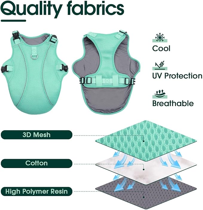 Kuoser Dog Cooling Vest Harness, Small Dog Cooler Jacket with Adjustable Buckle for Outdoor Beach, Hiking, Training Green S
