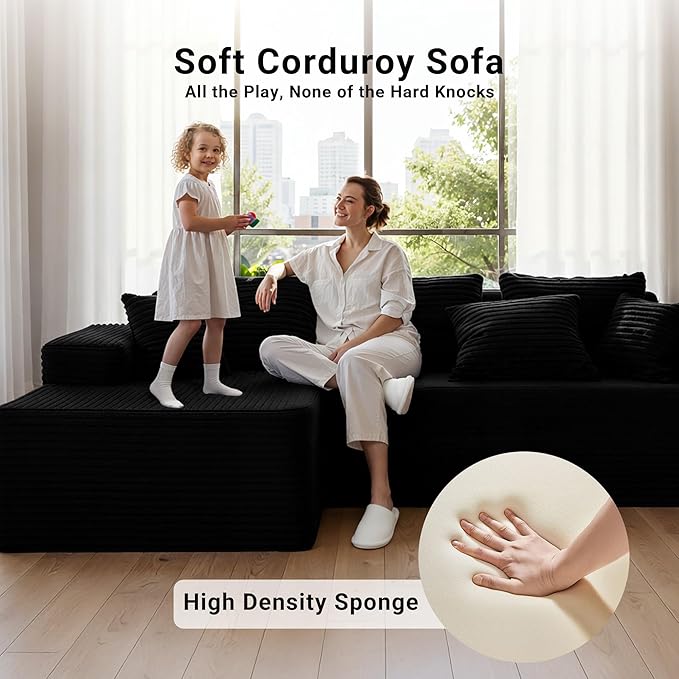 Claiks Boneless Couch, Cloud Couch Sectional, L-Shape Corduroy Modular Sectional Sofa Deep Seat, Upholstered Couches for Living Room, No Assembly Required, Black, Left Facing Chaise