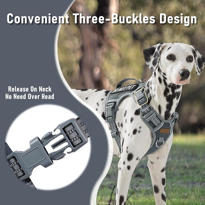 Service Dog Vest Harness with 2 Velcro Patches, No Pull Dog Harness for Walking Training Hiking, Metal D-Rings Easy on/Off Neck Buckle Reflective Strips Soft Padded Handle, Gray