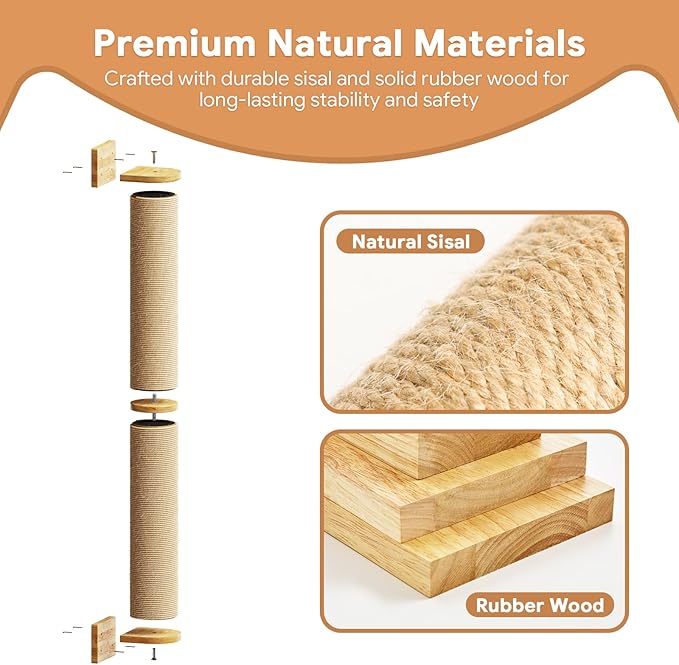 Cat Wall Scratcher Post- 24" Thicker Columns Wall Mounted Rubber Wood Sisal Scratching Post Furniture for Large Cats and Kittens