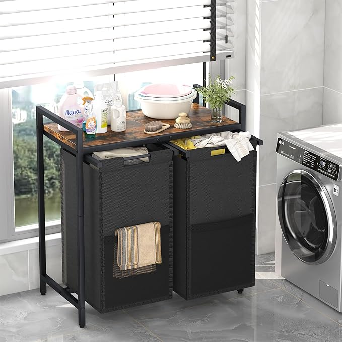 Laundry Hamper, double Laundry Basket, Laundry Sorter with Top Shelf & 2 Removable Washable Bags & Side Pockets for Laundry Room organization, Bathroom and Dorm, Rustic Brown and Black