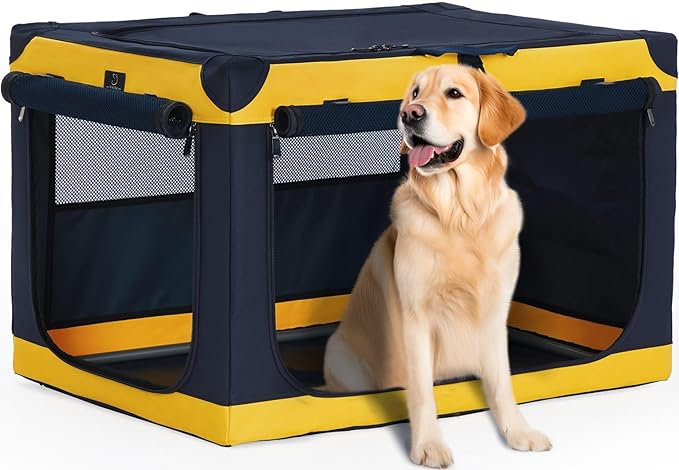 A4Pet Soft Dog Crate 40 Inch Large Portable Collapsible Pet Travel Kennel, 3-Door Lockable Zippers & Reinforced Steel Frame, Easy Setup, Mesh Panels — Ideal for SUV, Car, Camping & Home Use