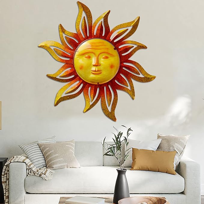 Large Size 32Inch Metal Sun Outdoor Wall Art Decor Large, Hanging for Indoor Outdoor Patio Garden Fence Yard Pool Wall Sculpture Decoration for Living Room