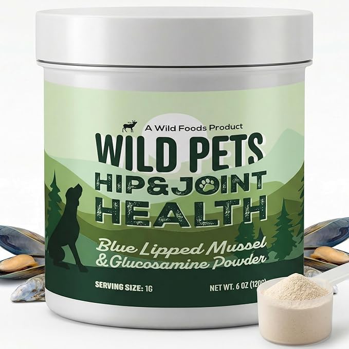 Wild Pets Blue Lipped Mussel & Glucosamine – Dual-Action Dog Hip & Joint Supplement – 500mg Mussel + 500mg Glucosamine per Scoop – 6oz/120 Servings – Higher Protein Than Green lipped Mussels for Dogs