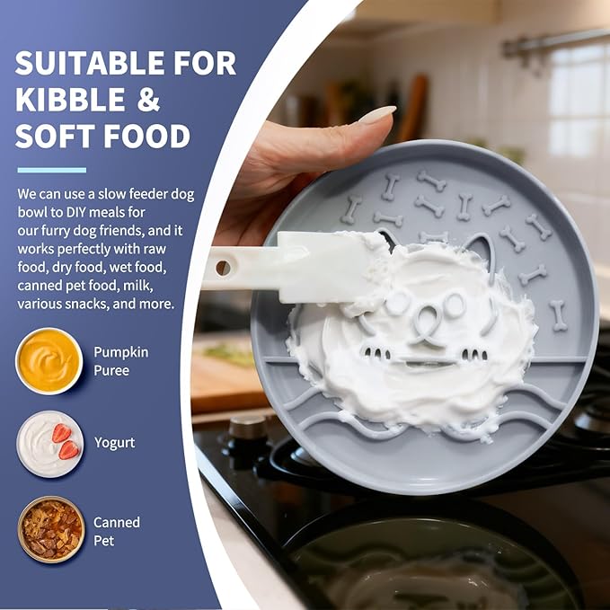 Slow Feeder Dog Bowl with Non-Slip Base, Silicone Puzzle Dog Food Bowl with Unique Design, Slow Feeding Bowl for All Types of Dogs Cats, Interactive Slow Eating, Anti-Choking, BPA-Free