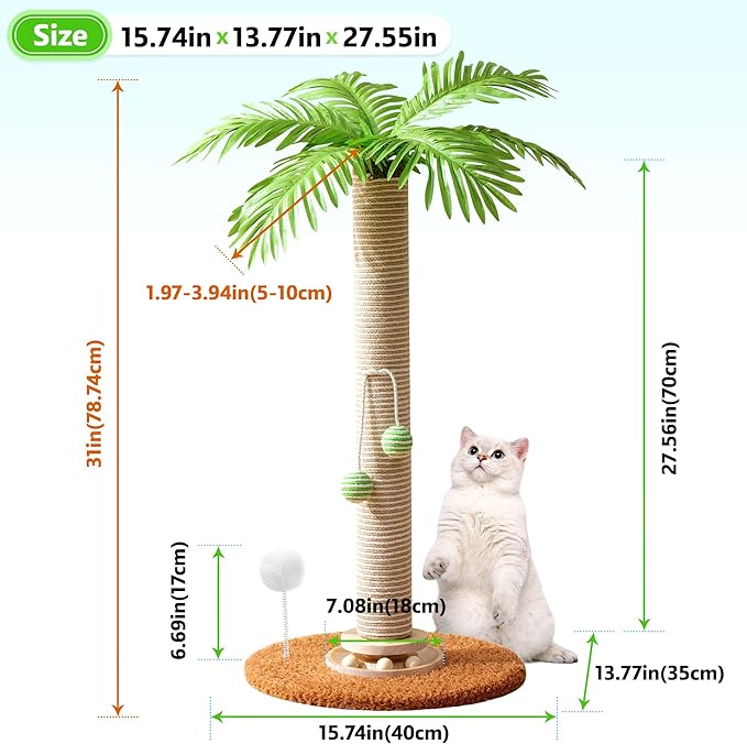 Cat Scratching Post Cat Tree, 32'' Tall Cute Palm Cat Scratcher Tower with Durable Solid Wood Turntable Toy, Sisal Rope Cat Scratcher Post with Interactive Ball for Indoor Adult Cats Climb Play
