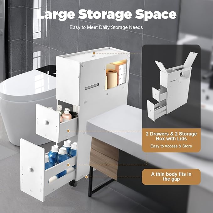 Slim Bathroom Floor Cabinet, Narrow Bathroom Storage Cabinet Plastic Storage Drawers Free Standing Cabinet Rolling Toilet Paper Holder with Slide Out Drawers Thin Toilet Cabinet w/Wheel