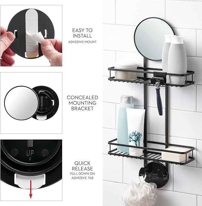 iDesign Self-Adhesive Shower Caddy with Mirror and Accessory Hooks - Matte Black