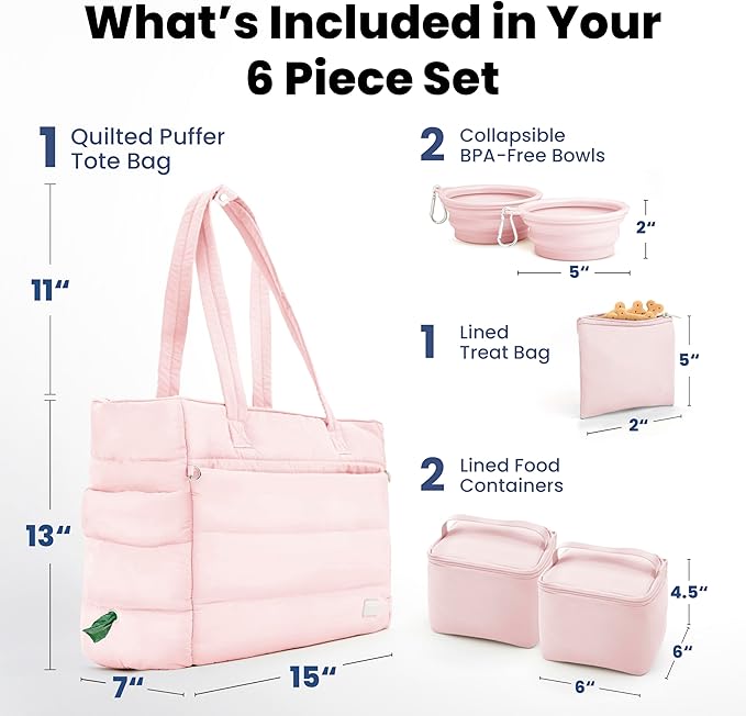 Puffer Dog Travel Bag for Dog Moms – Doggy Diaper Bag with Pet Bowls & Food Storage or Everyday Puffy Tote – Christmas Doggy Mom Gifts for Women – Lightweight, Travel-Ready Gift for Pet Lovers - Pink