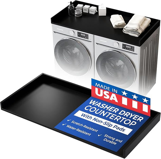 OfficeSimpli Washer Dryer Countertop, Made in USA, Non-Slip Pads, Laundry Room Wood Topper, Washer Dryer Cover for Top, Laundry Guard, Laundry Countertop, Laminate (Black, Standard (27.5" x 54"))