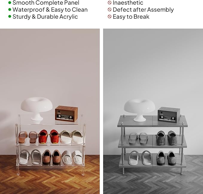 Aquiver 3-Tier Acrylic Shoe Rack - Modern Freestanding Shoe Storage Shelf for Entryway, Closet - 25.6'' L x 11.8'' W x 20.3'' H, Easy Assembly & Clean
