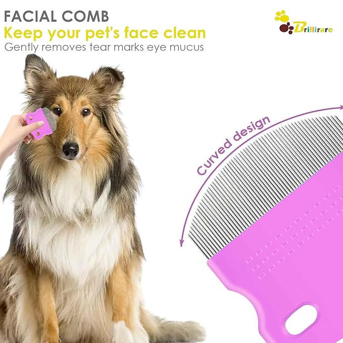 4 Pack Professional Eye Comb, Stainless Steel Pet Tear Stain Remover, Dog Cat Flea Lice Grooming Combs with Gentle Rounded Teeth, Eye Gunk Removal, Dematting Tool for Small, Medium & Large Pets