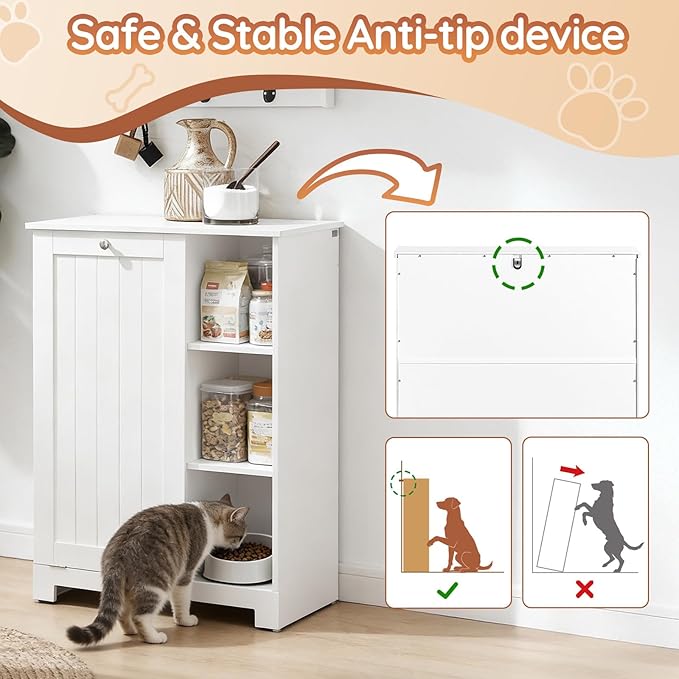 Dog Food Storage Cabinet with Tilt-Out Bin and Open Shelves, Pet Storage Organizer Cabinet with Magnetic Door and Anti-Tip Design, White Kitchen or Bathroom Furniture, BZR105-W