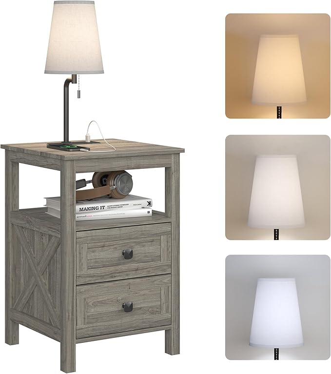 WOPITUES Nightstand with Charging Station, Farmhouse Night Stand with Drawers, Bedside Table, End Table for Bedroom, Living Room, Rustic Grey