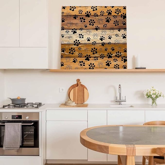 Framed Canvas Wall Art for Living Room Dog Paw Print Wall Decor, Retro Brown Yellow Wood Grain Aesthetic Paintings for Bedroom Office Kitchen Bathroom, Ready to Hang Artwork Wall Pictures 16x16 Inch