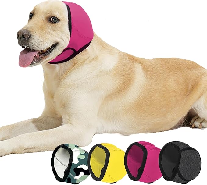 BAMY Swimming Waterproof Dog Ear Caps, Calming Large Dog Ears Cover, Pet Shower Muffs for Ear Protection for Bath for Grooming (Pink, M (Head Circumference 14"-19"))