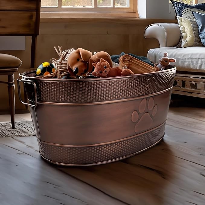 BREKX Indestructible Metal Dog Toy Bin - Copper Galvanized Storage Bin with Handles, Puppy Basket for Dog Storage, Blankets, & Leashes, Paw Pet Toy Box (25-Quart)